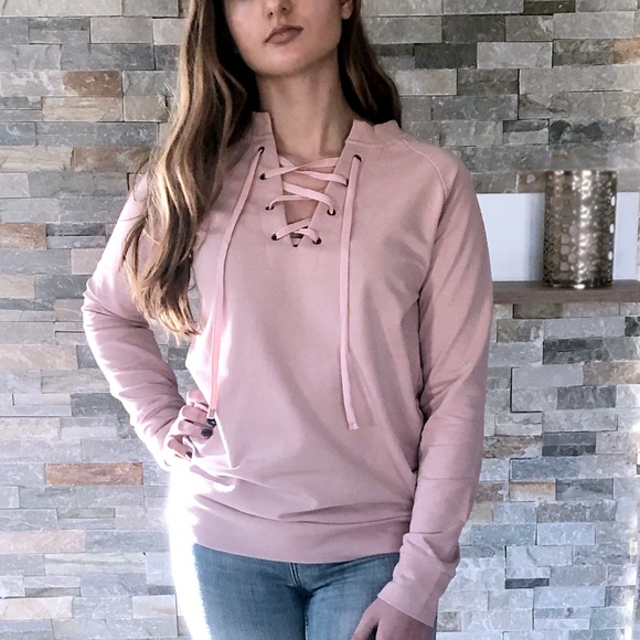 Lace up front detail terry cottonsweatshirt| Blush - Picture 6 of 10